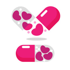 Valentine Sticker. Pink color. Modern Flat Vector Concept Illustrations. Capsule Pill with Hearts Icon. Social Media Ads.