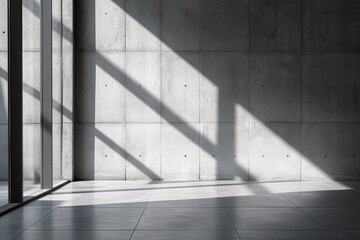 A contemporary light background with a touch of industrial aesthetic. The sunlight streams through minimalist curtains, casting geometric shadows on a concrete wall
