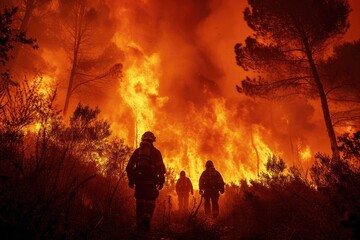 Obraz na płótnie Canvas Braving the scorching heat and billowing smoke, a team of firefighters battles against a raging wildfire threatening to engulf the surrounding trees and spread further destruction, their courage and 