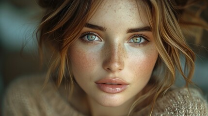 A stunning portrait of a woman with freckles and piercing blue eyes, her long brown hair framing her face as her delicate features, highlighted by perfect eyeliner and full lips, captivate the viewer - obrazy, fototapety, plakaty