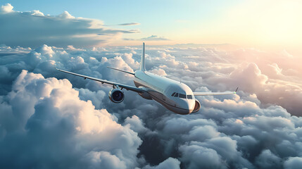 Aerial View of Passenger Airplane Gliding Over Clouds - obrazy, fototapety, plakaty