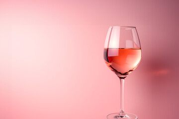 glass of wine on a table. glass of wine for a romantic dinner. rose wine on a pink background. Wine lover concept. Wine glasses filled with sparkling rose wine.