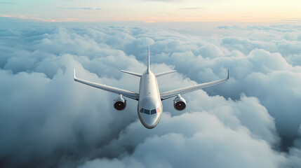 Aerial View of Passenger Airplane Gliding Over Clouds - obrazy, fototapety, plakaty