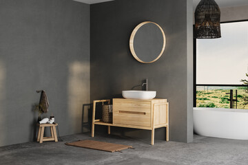 Modern bathroom interior with dark walls, ceramic basin with mirror, bathtub and grey concrete...