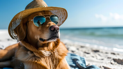 Cool Dog Sporting Hat and Sunglasses on the Beach