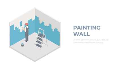 Vector isometric house painter or worker painting room wall using paint roller. Ladder, bucket of bright paint, floor protection covering