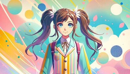 Colorful Anime Schoolgirl Illustration, Youthful and Vibrant Concept