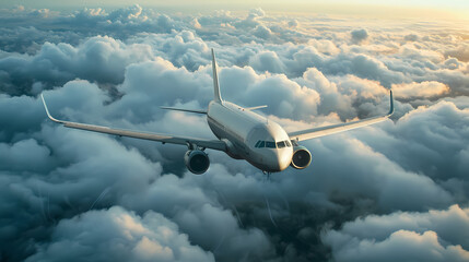 Commercial Airplane with Passengers Soaring Above Clouds - obrazy, fototapety, plakaty