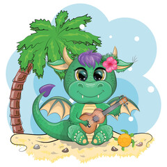 Naklejka premium Cute cartoon green baby dragon with ukulele on the beach. Symbol of 2024 according to the Chinese calendar