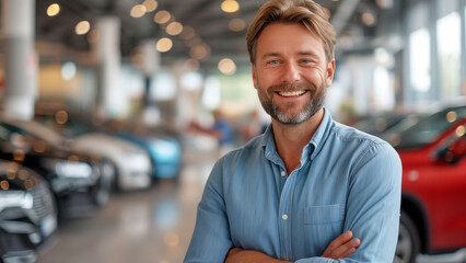 Portrait of a happy caucasian man standing in a car showroom.