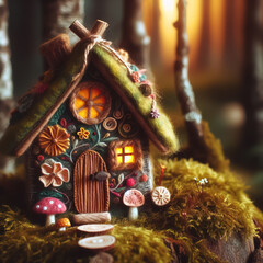 felt art patchwork, Fantasy home of tiny wood dweller in forest