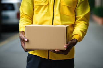 courier in yellow clothes with a parcel box. Mail, delivery. heaver