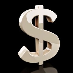 Beige Glossy Surface Dollar Sign isolated on Black Background. Photorealistic Buck Sign on Black backdrop. Square Illustration. Ai Generated Finance and Currency 3D Symbol.