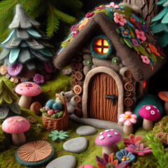 felt art patchwork, Fantasy home of tiny wood dweller in forest