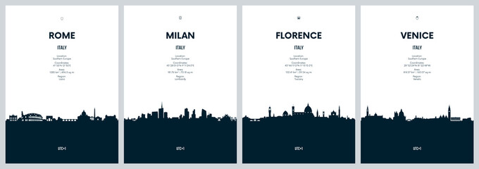 Travel vector set with city skylines Rome, Milan, Florence, Venice detailed city panorama minimalistic graphic artwork