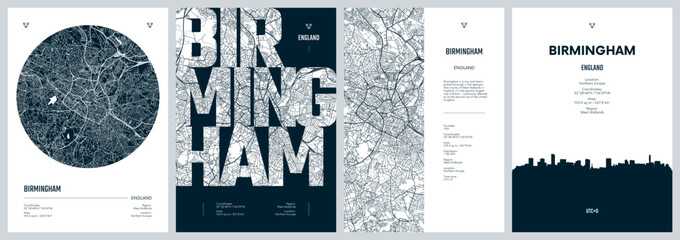 Set of travel posters with Birmingham, detailed urban street plan city map, Silhouette city skyline, vector artwork - obrazy, fototapety, plakaty