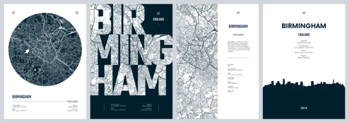 Fotobehang Set of travel posters with Birmingham, detailed urban street plan city map, Silhouette city skyline, vector artwork © max_776