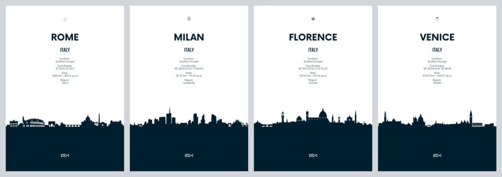 Travel vector set with city skylines Rome, Milan, Florence, Venice detailed city panorama minimalistic graphic artwork