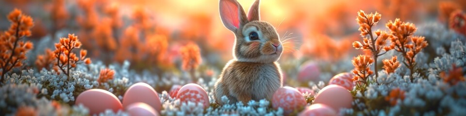 A rabbit sitting in the middle of a field of flowers - obrazy, fototapety, plakaty
