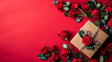red background with gift box and roses