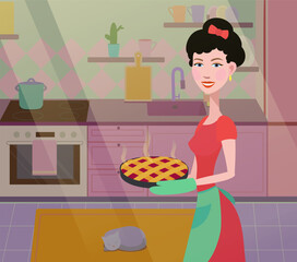 The housewife prepared a pie in the kitchen