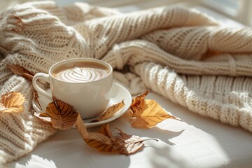 Obraz na płótnie Canvas Coffee cup and fall light brown leaves on neutral light beige knitted sweater on beige table and white wall background with sunlight shadow. Aesthetic pastel autumn still life