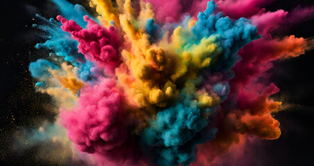 Holi paint rainbow multi colored powder explosion on black background abstract 3d explosion wallpaper, Colorful dust with dark background.
