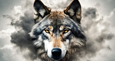 Cool wolf illustration design, A wolf with yellow eyes is looking at the camera.