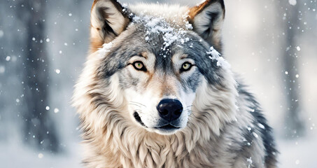 A wolf in the snow, A wolf with snow on its head, Winter's Gaze Gray Wolf Cub in Snowy Forest.
