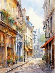 Fototapeta na wymiar Elegant Parisian Streets: Vintage Art Print of Old-world European Alleys and Historical Lanes