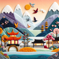 felt art patchwork, mountains host Chinese ancient architecture