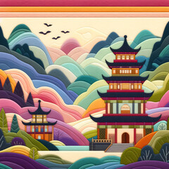 Fototapeta premium felt art patchwork, mountains host Chinese ancient architecture