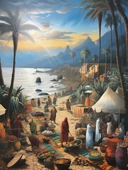 Exotic Moroccan Bazaars: Colorful Island Artwork and Beach Scene Painting with a Vibrant Market on Isles