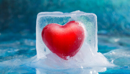 Fototapeta premium pretty red heart frozen in an ice cube in colors