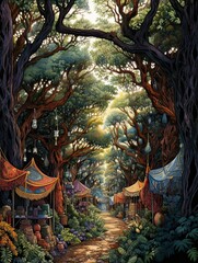 Fototapeta premium Exotic Moroccan Bazaars: Tree Line Artwork - Woodland Bazaar amidst Trees (Art Print)