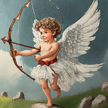 Valentine's Day illustration of Cupid holding his bow and arrow, with cute angel wings