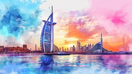 Around the world and traveling Dubai,United Arab Emirates,Burj Al Arab watercolor technic and Flat color conceptual in important Landmark and Builder use for promote and used to publicize tourism 