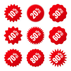 Price tags collection, special offer or shopping discount label with percent, discount percentage value. Red turned retail paper sticker. Promotional sale badge. Vector illustration