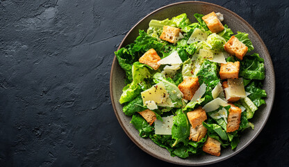 Top view of a caesar salad with crisp romaine, croutons, and parmesan shavings on a black stone texture background with space for text - obrazy, fototapety, plakaty