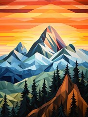 Geometric Mountain Scenes at Sunset - Panoramic Print for an Eye-Catching D�cor