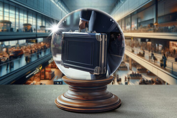 Crystal ball driven by artificial intelligence security module with a vision of a suspicious briefcase being carried at the airport - obrazy, fototapety, plakaty