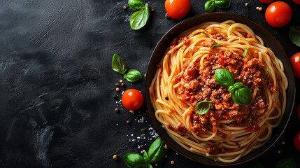 Top down view of a plate with italian spaghetti bolognese on a dark black stone texture background with space for text for designer