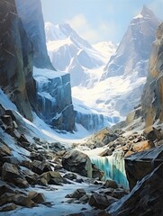 Serene Glacial Vistas: A Rustic Country Landscape Painting Showcasing Glistening Glacier Terrains