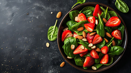 Top down view of a plate with strawberry spinach salad with almonds on a dark black stone texture background with space for text for designer