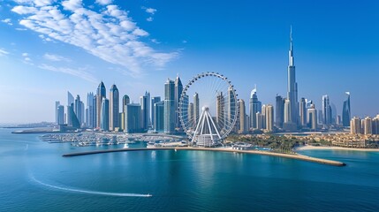 Bluewaters island and Ain Dubai ferris wheel on in Dubai, United Arab Emirates aerial view. New leisure and residential area in Dubai marina area 