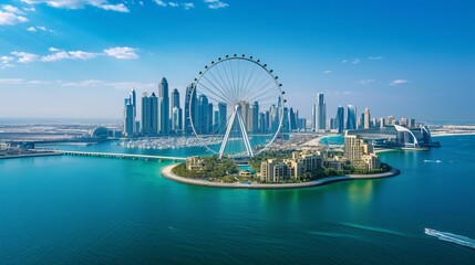 Bluewaters island and Ain Dubai ferris wheel on in Dubai, United Arab Emirates aerial view. New leisure and residential area in Dubai marina area  - obrazy, fototapety, plakaty