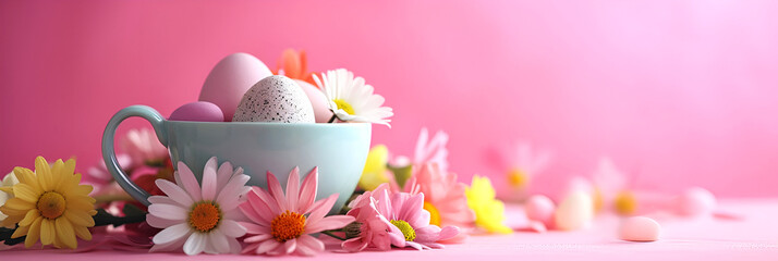 Easter egg and spring flowers in a cup of tea on a pink background, creative Easter holiday concept, minimalism for postcard design. Banner with copy space.
