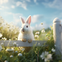 image of a cute rabbit sitting in the grass and looking out from behind the fence - 715968552