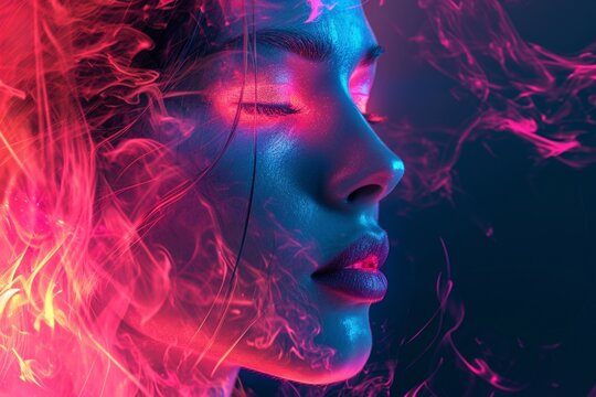 Generative AI image of an artistic woman face with eyes closed with glowing pink eyes and vibrant pink lips set against a blue background
