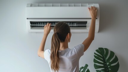 Young caucasian woman repair indoor air conditioner unit on wall, back view - obrazy, fototapety, plakaty